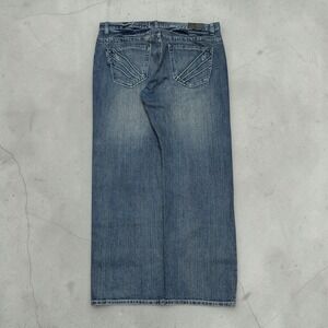 AKDMKS Mens Baggy Wide Leg Jeans 42x34 Blue Denim Y2K Streetwear Embroidered